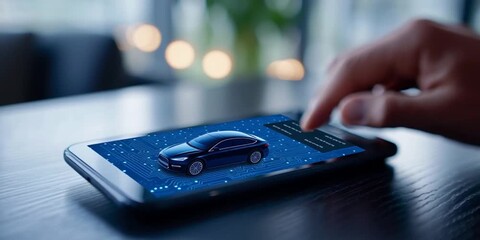 Hand using a mobile car sales app on a tablet screen