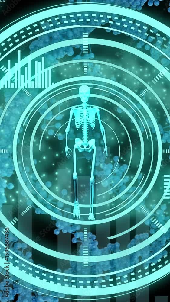 Poster animation of walking skeleton in loading circles over dna helix and computer language