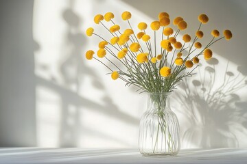 Bright yellow billy button flowers in a clear glass vase casting soft shadows on a white surface with sunlight streaming through a window