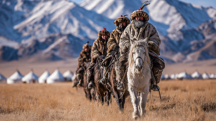Group of eagle hunters riding through the Mongolian steppe during the Golden Eagle Festival, dressed in richly decorated fur robes