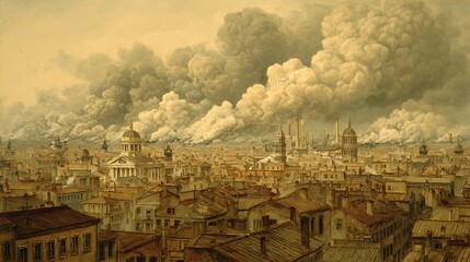 Obraz premium Heavy smoke clouds over 19th-century skyline, capturing early environmental damage in cities