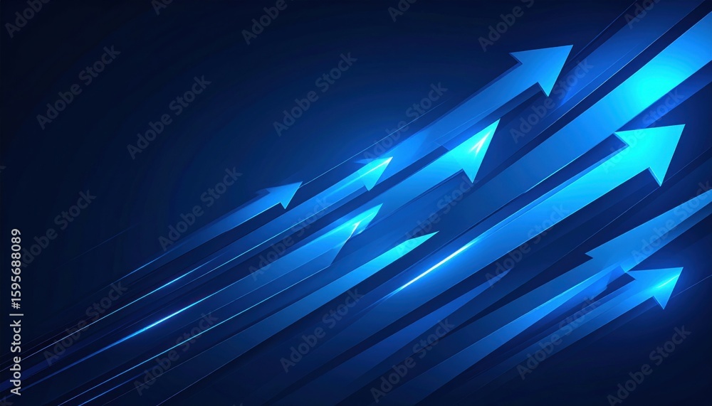 Poster diagonal glowing blue arrows ascending on dark blue background representing growth and progress in p