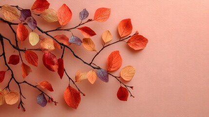 Autumn leaves on a branch against a peach background