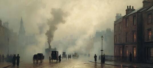 Dark soot clouds engulf Victorian street, 1873, horse carts lost in choking smog