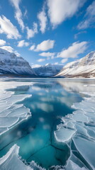 A breathtaking panoramic photograph of a partially frozen mountain lake in winter with turquoise water