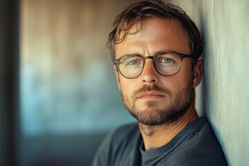 Thoughtful young man with glasses and a beard leaning against a wall looking directly at the camera with a serious expression