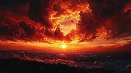Dramatic fiery sunset over a city skyline with dark silhouetted hills and intense glowing orange and red clouds