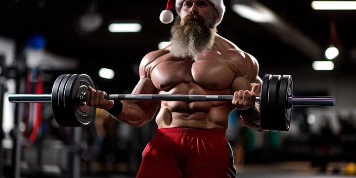 Muscular Santa Claus with red and white Christmas hat is shirtless to showcase his body and lift a barbell weight in the gym