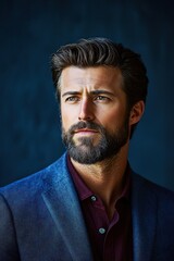 Obraz premium Portrait of a serious bearded man with styled hair wearing a blue textured blazer and dark red shirt against a dark blue background