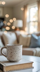 Cozy speckled coffee mug resting on a book in a warm living room with soft bokeh lights