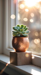 Cozy succulent plant in a hammered copper pot on a windowsill with warm morning sunlight bokeh