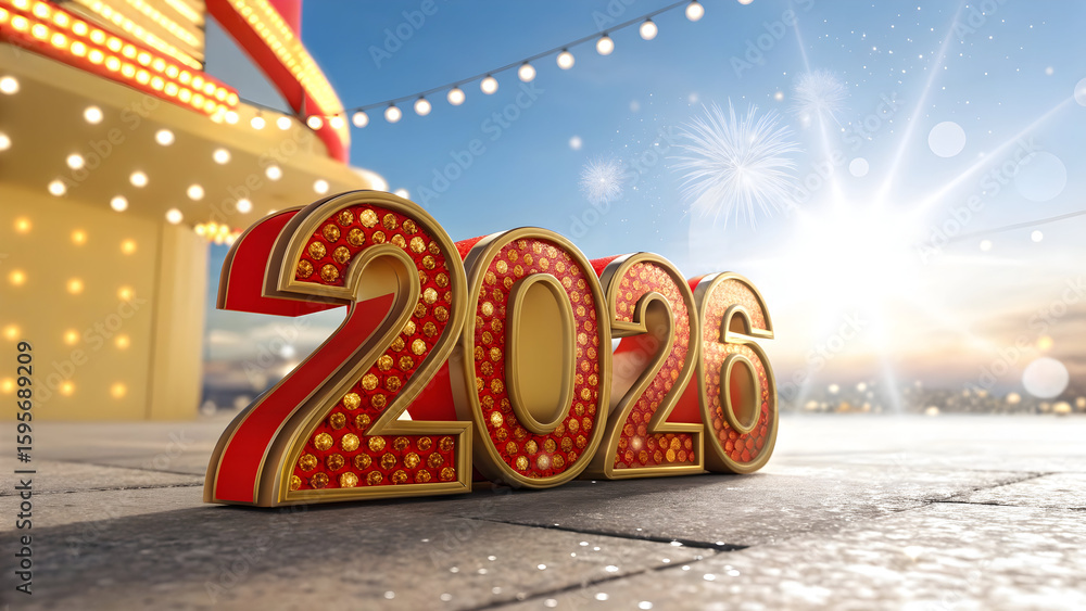 Poster 3 d rendered numbers 2026 in red and gold with sparkling lights and fireworks year