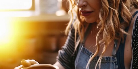 Woman taking pottery class makes ceramic pot out of clay in studio - arts and crafts 