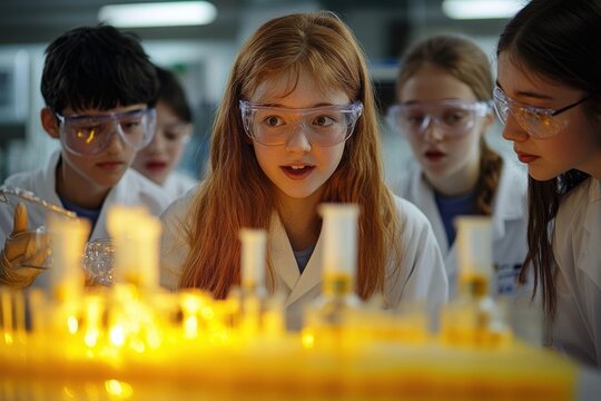 Group of young science students wearing lab coats and protective goggles attentively observing a laboratory experiment with bright yellow chemical reactions