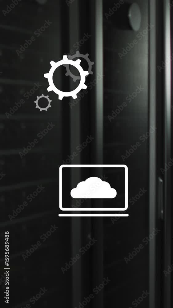 Poster animation of multiple digital icons floating against computer server room