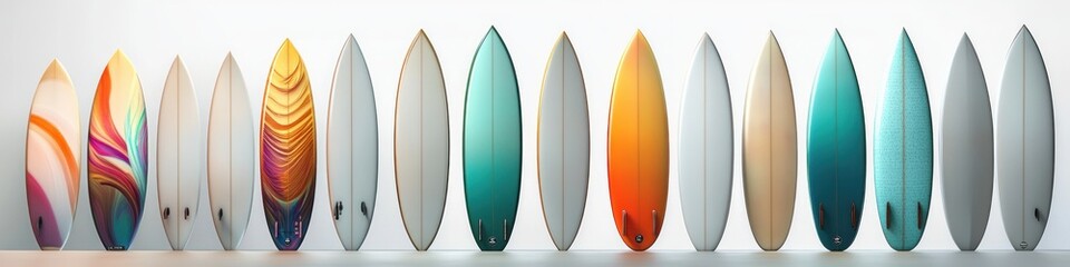Row of colorful surfboards standing upright against a plain white background showcasing various designs and shades with smooth reflections on the surface