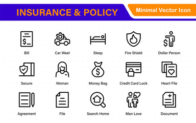 Insurance and Policy stroke icon collection. refined minimal graphic pack. Underwriting, Assurance, Safety, Shield, Life, Car, House, Care, Money Insurance.