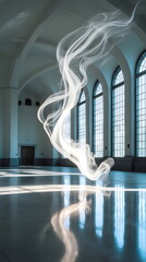 Ethereal wisp of smoke or spirit floating in a vast sunlit empty hall with arched windows, generative AI