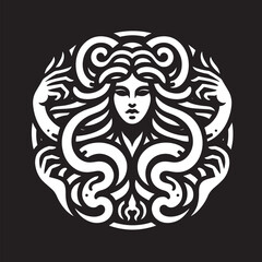 Fototapeta premium Medusa Zodiac sign Virgo, isolated on black background. Vector illustration