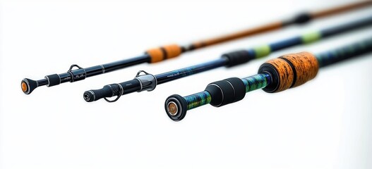 Close-up view of three fishing rods laid out horizontally with focus on the handles and fishing line guides against a plain white background