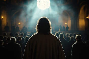 Silhouetted figure standing before a crowd in a dimly lit, large hall with beams of light streaming through a circular window, creating a solemn and contemplative atmosphere