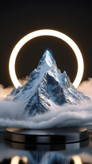 Majestic snow-capped mountain on a pedestal with a glowing halo ring against a dark background, generative AI