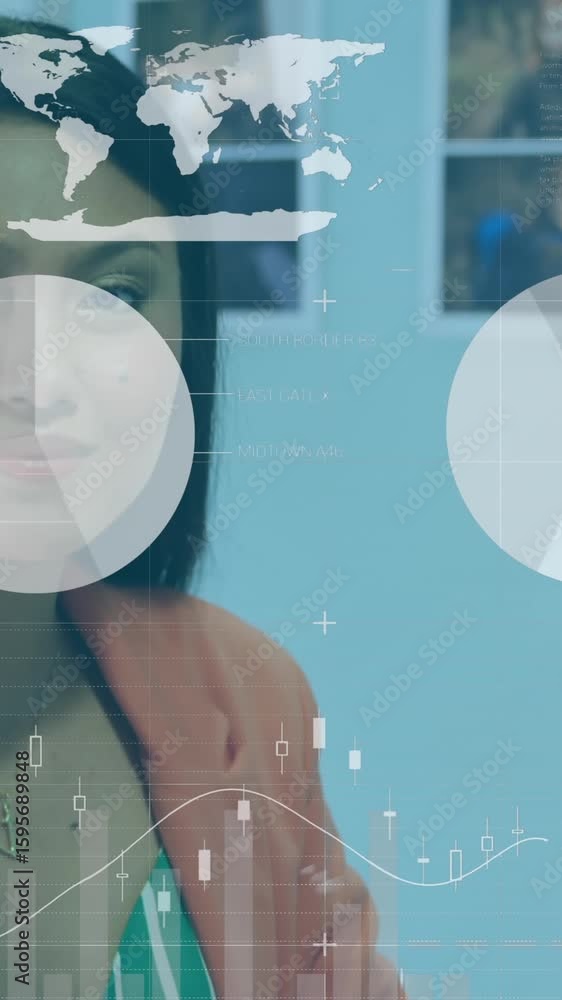 Poster animation of statistical data processing against happy woman using computer at office