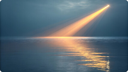 Golden light beam over calm ocean water reflection