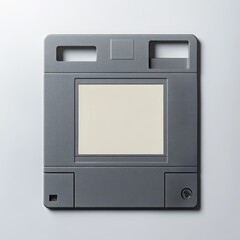 Fototapeta premium A gray vintage floppy disk with a central label area, two rectangular holes at the top, and a textured plastic surface on a light background