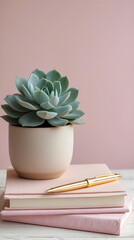 Minimalist still life of a succulent plant on a stack of pink books with a gold pen, generative AI