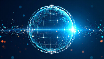 Black background with blue glowing lights like sunrise illuminating a digital globe, symbolizing global communication and technological innovation.