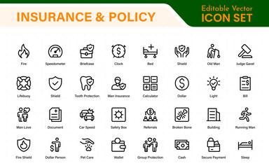 Insurance and Policy stroke icon collection. refined minimal graphic pack. Underwriting, Assurance, Safety, Shield, Life, Car, House, Care, Money Insurance.