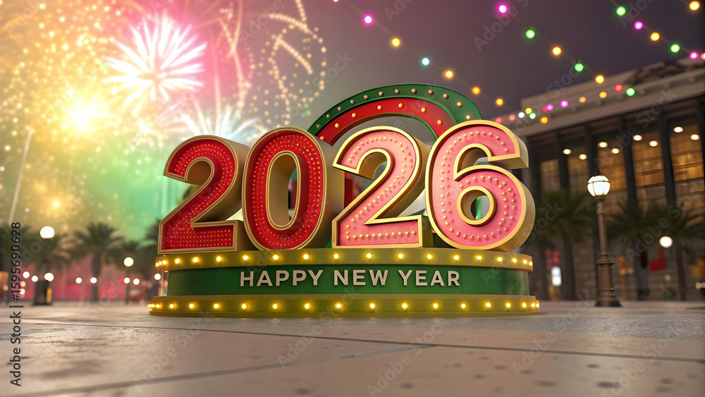 Poster Giant illuminated 2026 numbers with Happy New Year text and fireworks display celebration