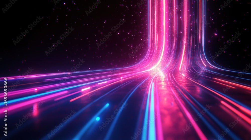 Poster Futuristic glowing neon light streams in pink and blue colors flowing smoothly on a dark starry background creating a dynamic and vibrant energy effect