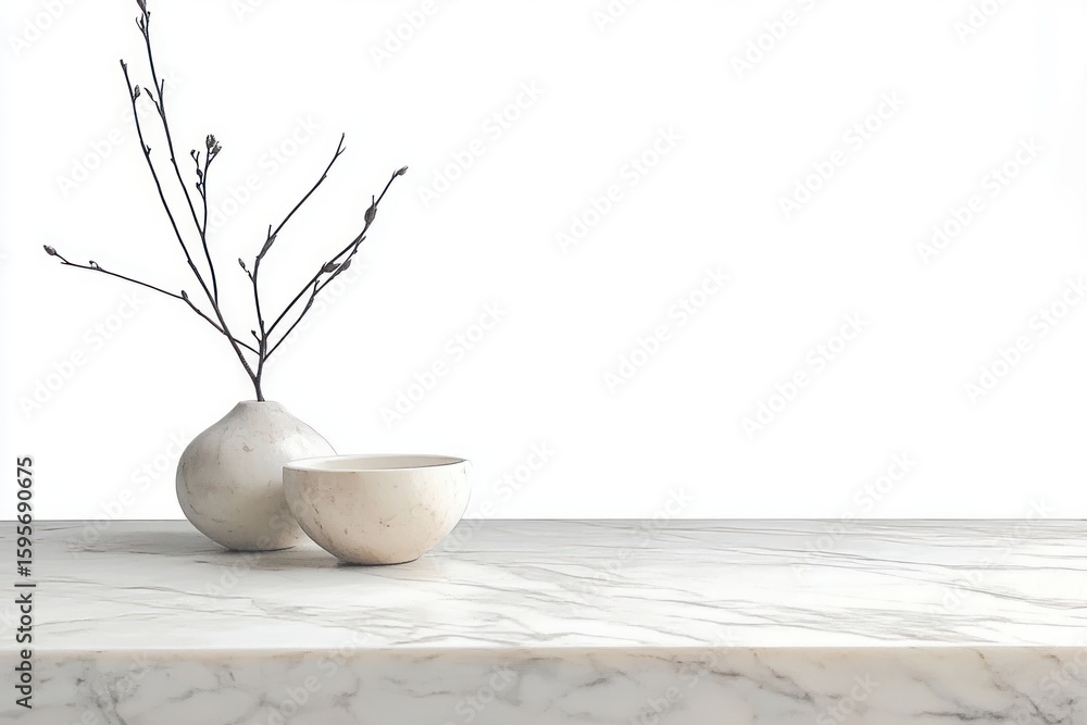 Aufkleber minimalist marble table surface with a simple white round vase holding a few bare thin branches and 