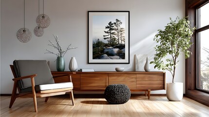 Modern Interior Living Space with Wooden Furniture and Nature-Inspired Artwork on the Wall