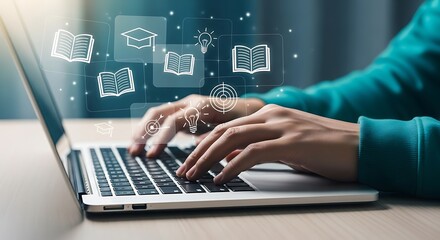 The digital age of education, typing on a laptop with learning icons floating above , Engaging with digital learning, exploring information and gaining new skills online
