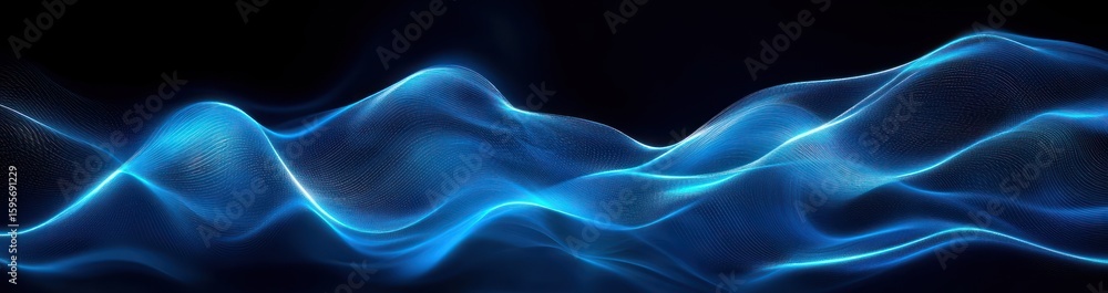 Poster smooth flowing blue wave-like mesh lines forming an abstract digital landscape on a dark background 