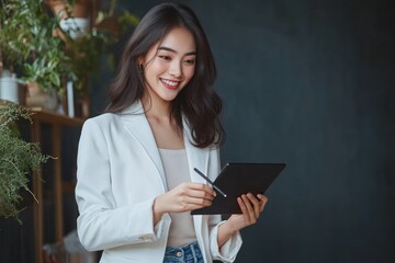 Smiling young woman in white blazer using digital tablet with stylus in cozy indoor setting surrounded by plants and books