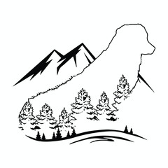 Dog outline mountain forest nature scene.