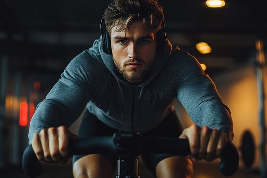 Focused young man in a gray hoodie wearing headphones intensely riding a stationary bike indoors with warm ambient lighting