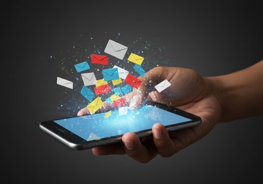 Email messages emitting from a smartphone, a digital communication concept.