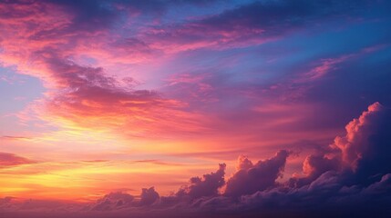 Vibrant sunset sky with dramatic purple, pink, and orange clouds creating a serene and majestic atmosphere