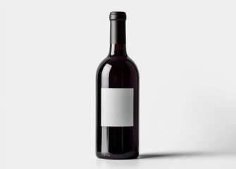 Obraz premium Single dark glass bottle with a blank white label standing on a white surface casting a shadow with clean minimal lighting