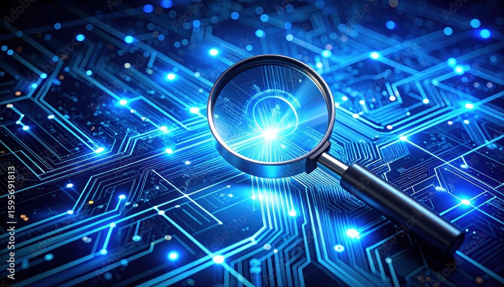 Poster magnifying glass over digital circuit board displaying fintech data visualization in bright blue
