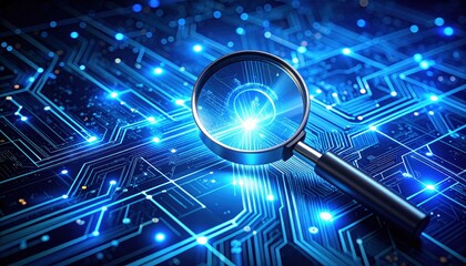 Magnifying Glass Over Digital Circuit Board Displaying Fintech Data Visualization in Bright Blue