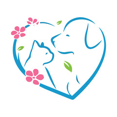 Pet love logo with dog cat and floral heart.
