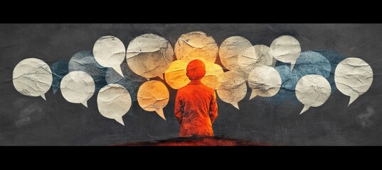 Silhouette of a person surrounded by numerous speech bubbles in various shades on a textured dark background, evoking feelings of communication overload and social pressure