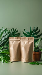 Product mockup of two blank brown kraft paper pouches with tropical leaves on a green background, generative AI