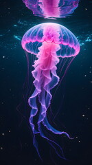 Glowing bioluminescent pink jellyfish swimming in the deep dark ocean, generative AI